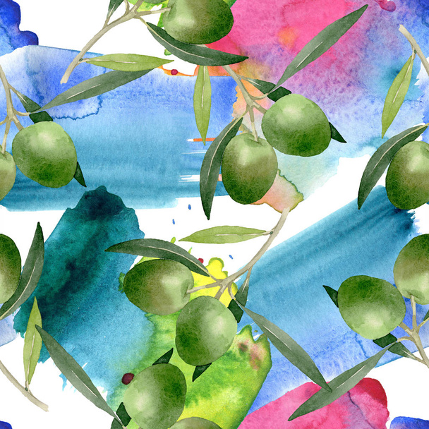 Olive branch with black and green fruit. Watercolor background illustration set. Seamless background pattern. - Fotoğraf, Görsel