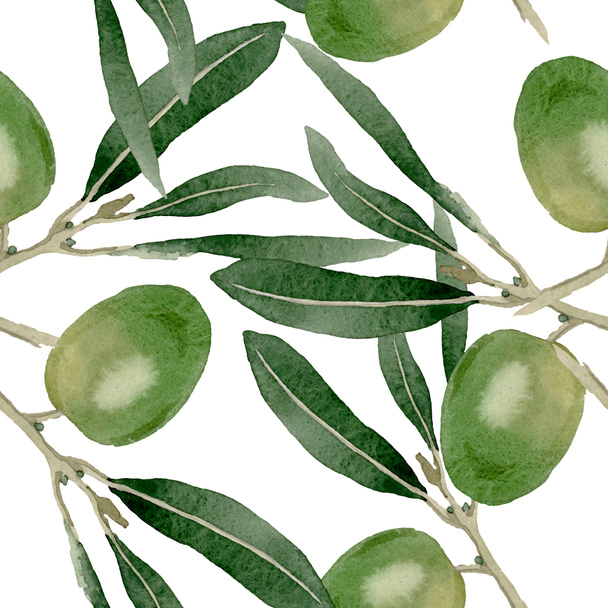 Olive branch with black and green fruit. Watercolor background illustration set. Seamless background pattern. - Photo, image