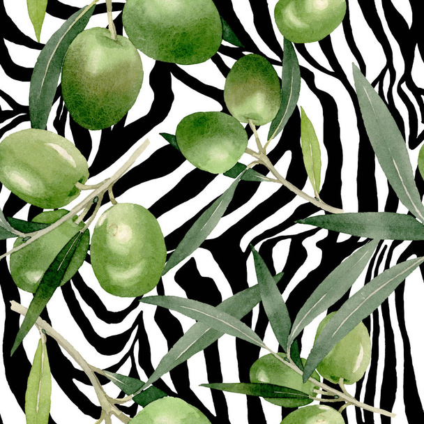 Olive branch with black and green fruit. Watercolor background illustration set. Seamless background pattern. - Фото, зображення
