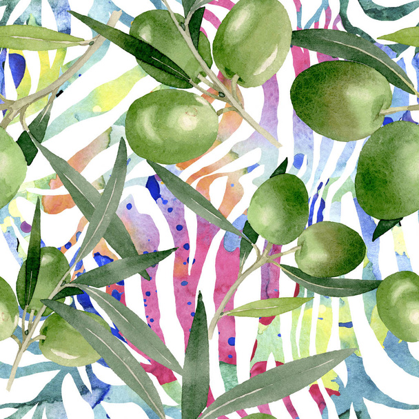 Olive branch with black and green fruit. Watercolor background illustration set. Seamless background pattern. - Foto, afbeelding