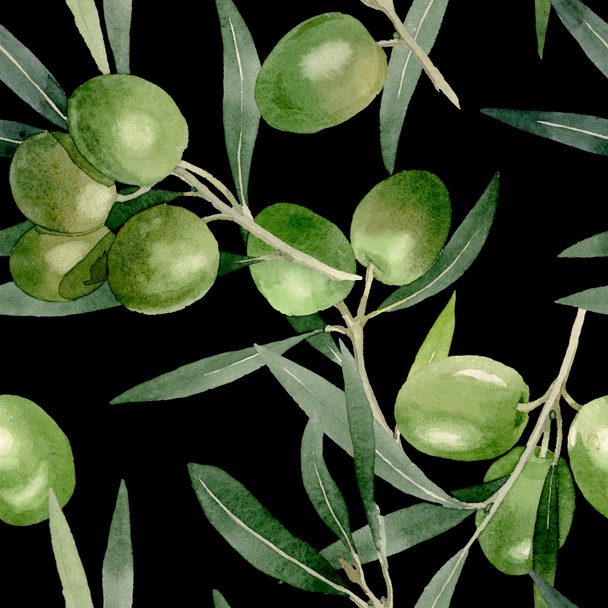 Olive branch with black and green fruit. Watercolor background illustration set. Seamless background pattern. - Photo, Image