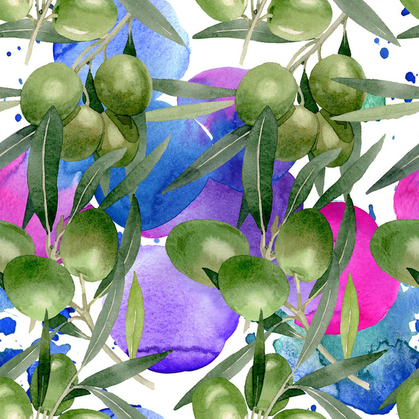 Olive ág, fekete és zöld gyümölcsök. Akvarell háttér illusztráció meg. Folytonos háttérmintázat. - Fotó, kép