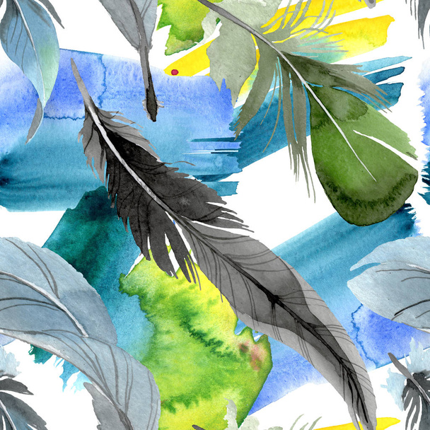 Bird feather from wing isolated. Watercolor background illustration set. Seamless background pattern. - Foto, Imagen