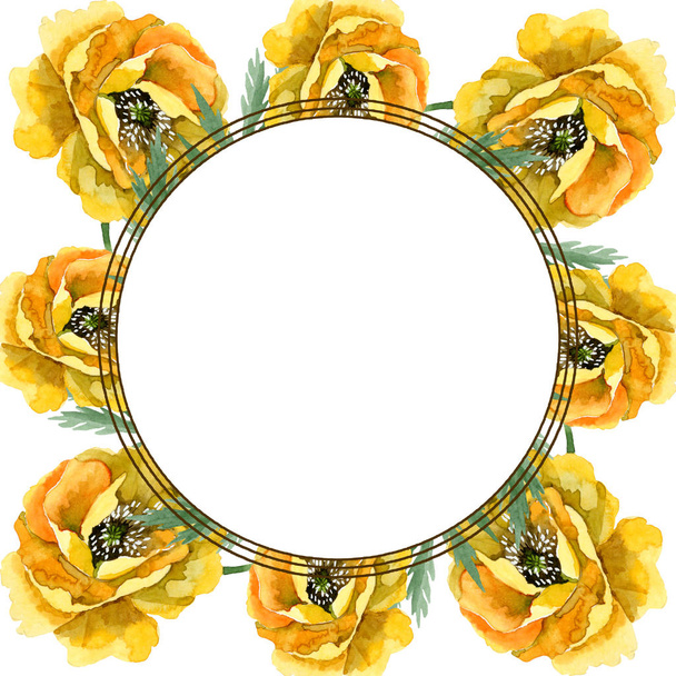 Yellow poppy floral botanical flowers. Watercolor background illustration set. Frame border ornament square. - Фото, зображення