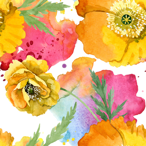 Yellow poppy floral botanical flowers. Watercolor background illustration set. Seamless background pattern. - Foto, afbeelding