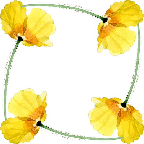 Yellow poppy floral botanical flowers. Watercolor background illustration set. Frame border ornament square. - Fotó, kép