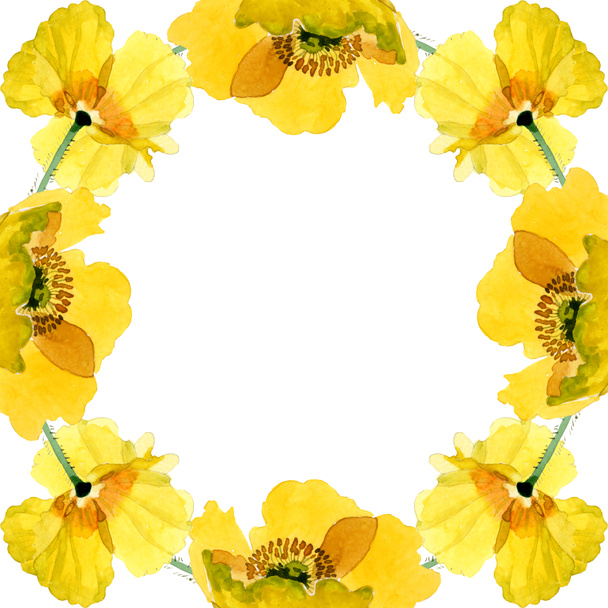 Yellow poppy floral botanical flowers. Watercolor background illustration set. Frame border ornament square. - Foto, Imagen