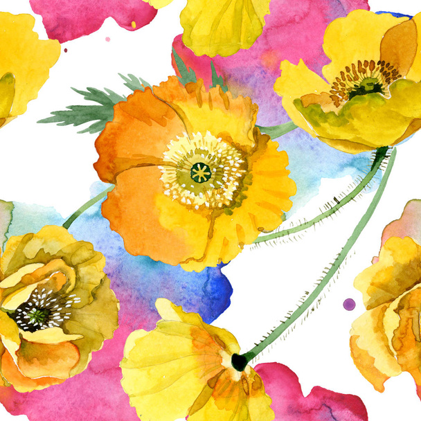 Yellow poppy floral botanical flowers. Watercolor background illustration set. Seamless background pattern. - Photo, Image