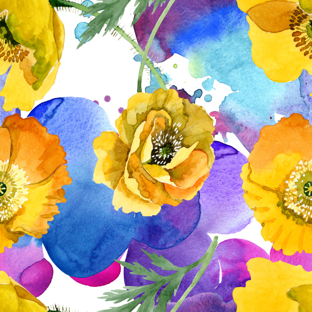 Yellow poppy floral botanical flowers. Watercolor background illustration set. Seamless background pattern. - Фото, зображення