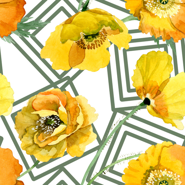 Yellow poppy floral botanical flowers. Watercolor background illustration set. Seamless background pattern. - Fotó, kép