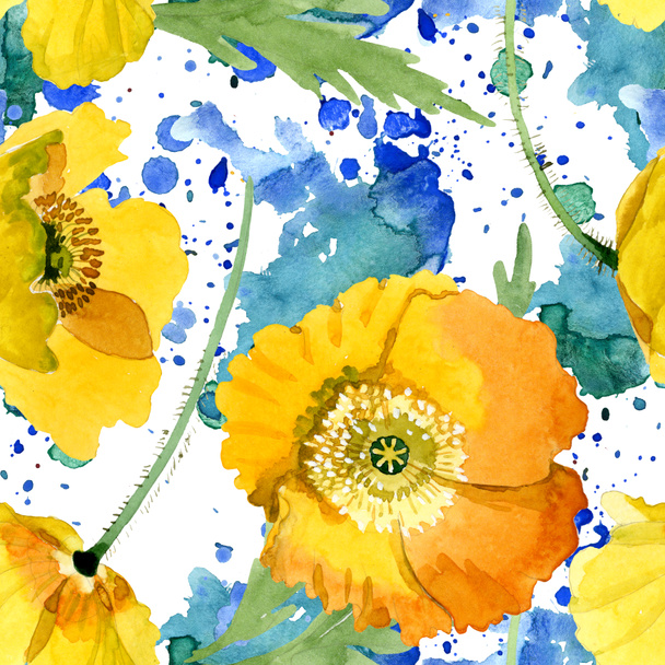Yellow poppy floral botanical flowers. Watercolor background illustration set. Seamless background pattern. - Foto, Imagem