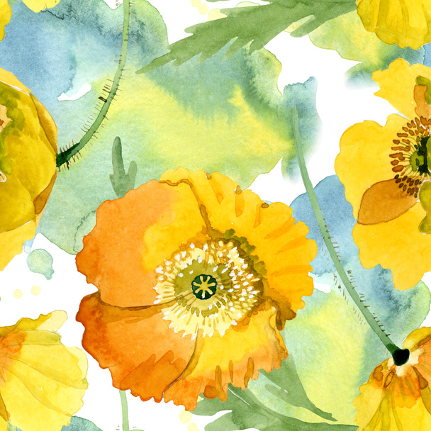 Botanische Blüten des gelben Mohns. Aquarell Hintergrundillustration Set. nahtloses Hintergrundmuster. - Foto, Bild