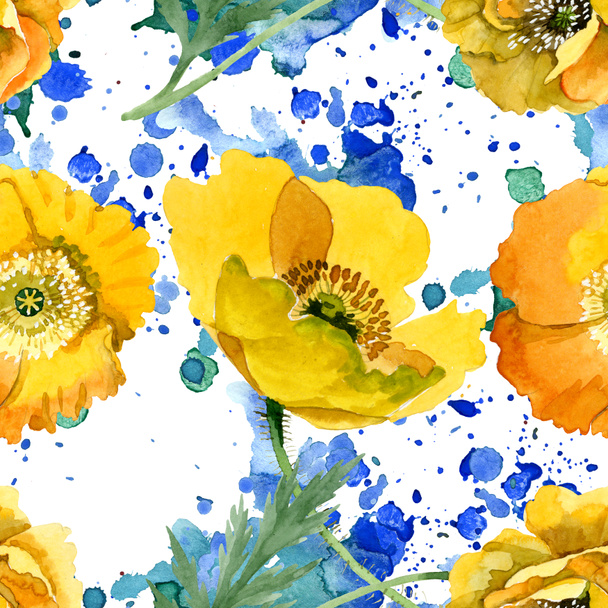 Yellow poppy floral botanical flowers. Watercolor background illustration set. Seamless background pattern. - Foto, afbeelding