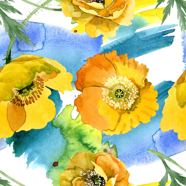 Yellow poppy floral botanical flowers. Watercolor background illustration set. Seamless background pattern. - Фото, изображение