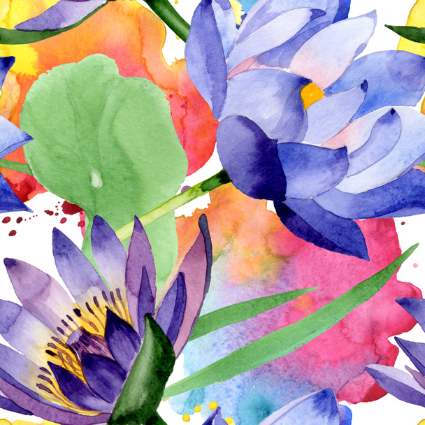 Blue lotus floral botanical flowers. Watercolor background illustration set. Seamless background pattern. - Fotografie, Obrázek