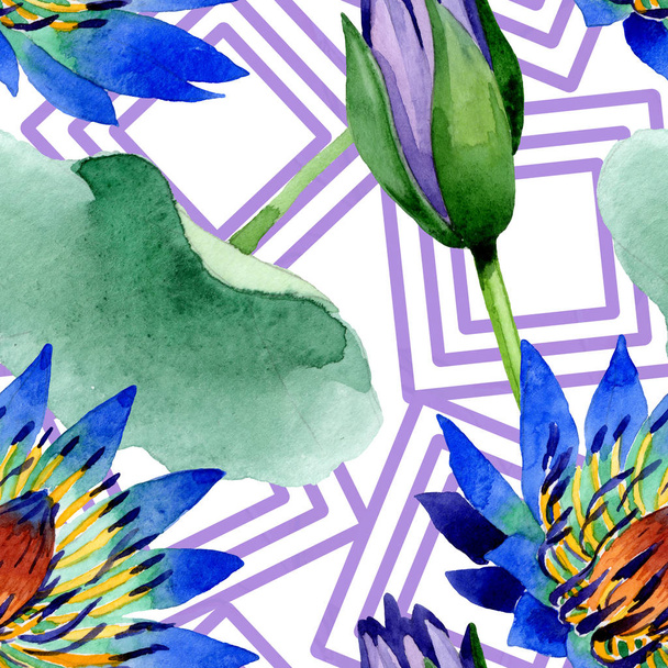Blue lotus floral botanical flowers. Watercolor background illustration set. Seamless background pattern. - Фото, изображение