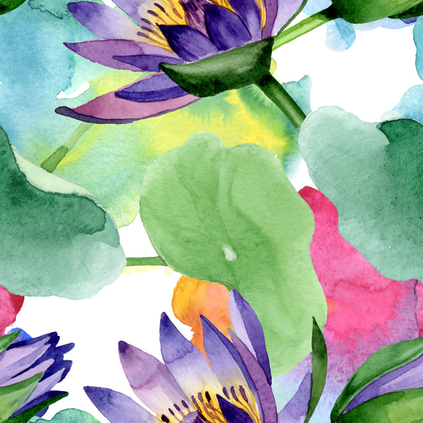 Blue lotus floral botanical flowers. Watercolor background illustration set. Seamless background pattern. - Foto, Imagem