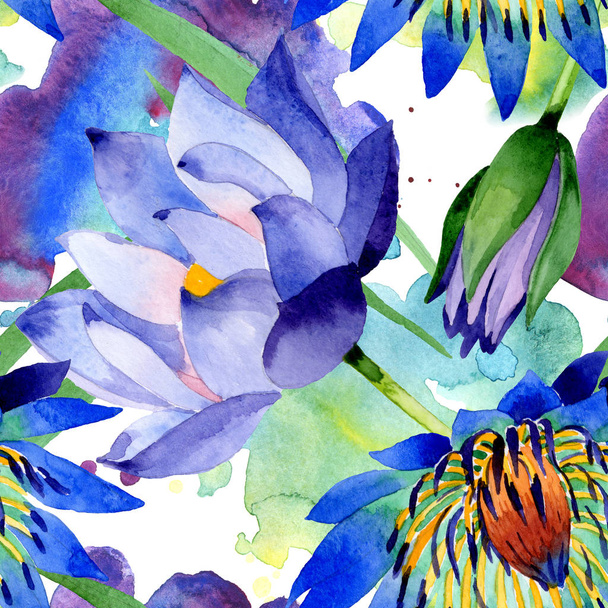 Mavi lotus çiçek botanik çiçekler. Suluboya arka plan illüstrasyon seti. Kesintisiz arka plan deseni. - Fotoğraf, Görsel