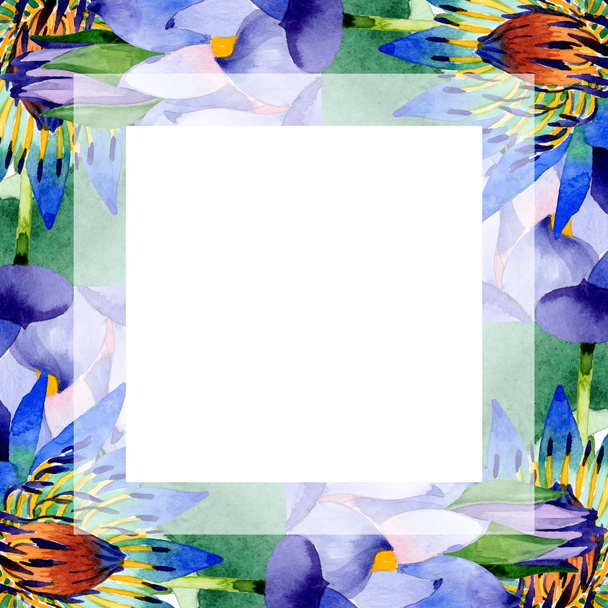 Blue lotus floral botanical flowers. Watercolor background illustration set. Frame border ornament square. - Foto, imagen