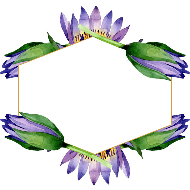 Blauwe lotusbloemen botanische bloemen. Aquarel achtergrond illustratie instellen. Frame rand ornament vierkant. - Foto, afbeelding