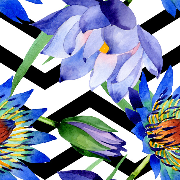Blue lotus floral botanical flowers. Watercolor background illustration set. Seamless background pattern. - Fotoğraf, Görsel