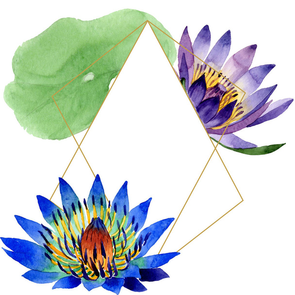 Modrý Lotos květinové botanické květy. Vodný obrázek pozadí-barevný. Orámovaná hranatá hranice. - Fotografie, Obrázek