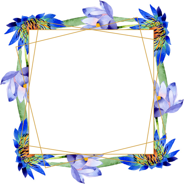 Blue lotus floral botanical flowers. Watercolor background illustration set. Frame border ornament square. - Photo, Image