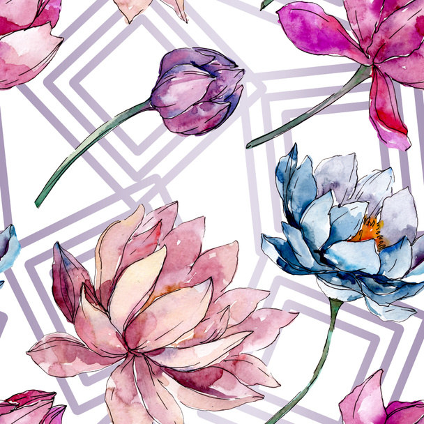 Lotus floral botanical flowers. Watercolor background illustration set. Seamless background pattern. - Valokuva, kuva