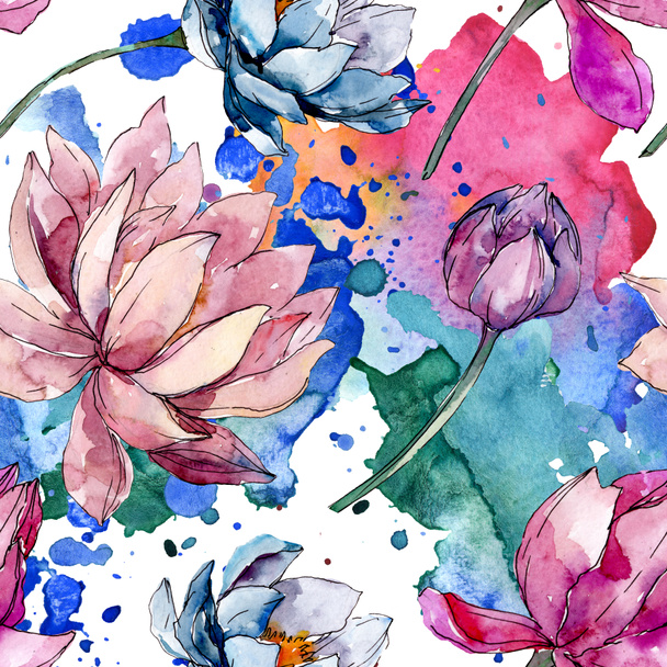Lotus floral botanical flowers. Watercolor background illustration set. Seamless background pattern. - Foto, Imagen