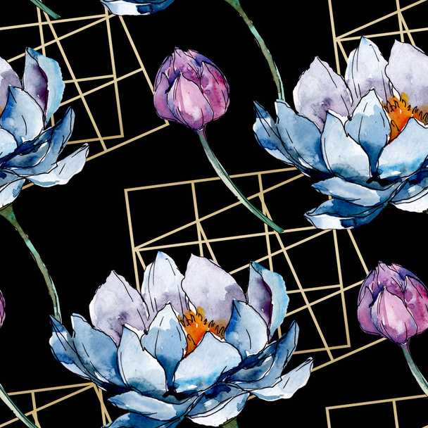 Lotus çiçek botanik çiçekler. Suluboya arka plan illüstrasyon seti. Kesintisiz arka plan deseni. - Fotoğraf, Görsel