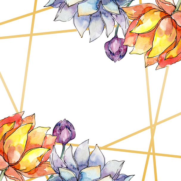 Lotus floral botanical floweras. Watercolor background illustration set. Frame border ornament square. - Fotoğraf, Görsel