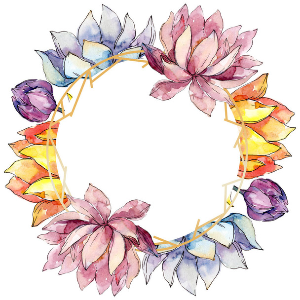 Lotus floral botanical floweras. Watercolor background illustration set. Frame border ornament square. - Photo, Image