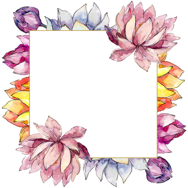 Lotus floral botanical flowers. Watercolor background illustration set. Frame border ornament square. - Foto, afbeelding