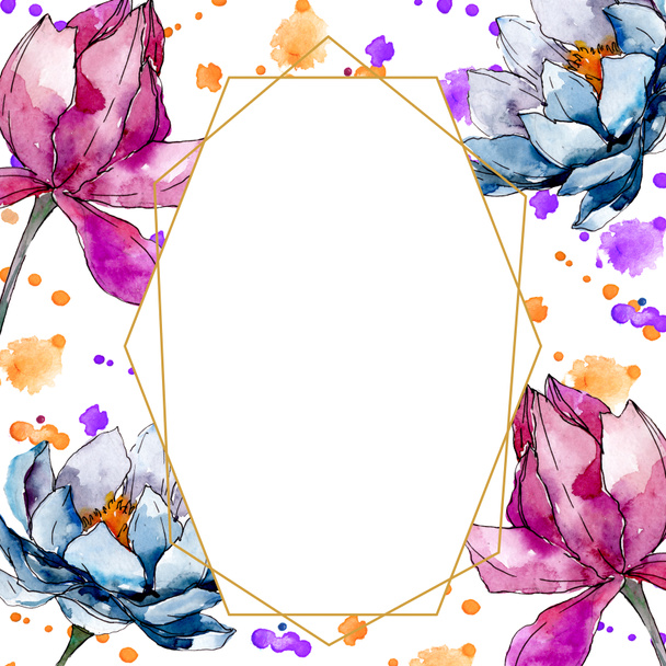Lotus floral botanical floweras. Watercolor background illustration set. Frame border ornament square. - Zdjęcie, obraz