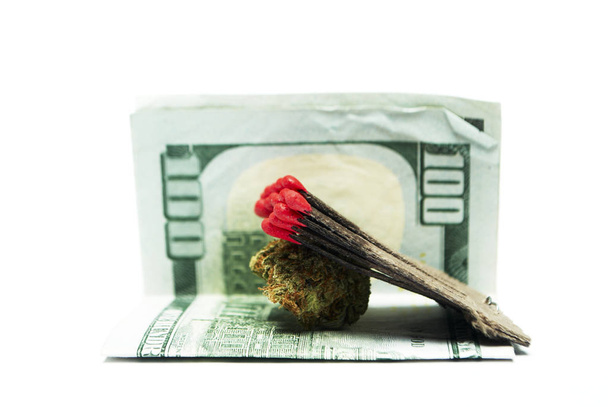 Marihuana met geld geïsoleerd op witte achtergrond - Foto, afbeelding