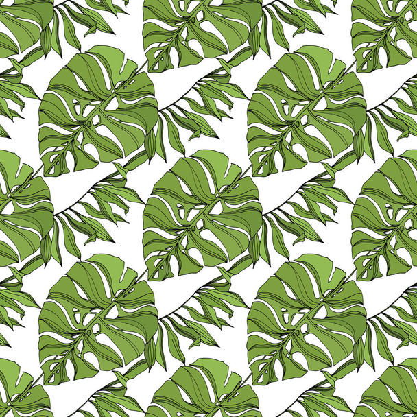 Palm beach tree leaves jungle botanical succulent. Black and green engraved ink art. Seamless background pattern. - Vector, Image