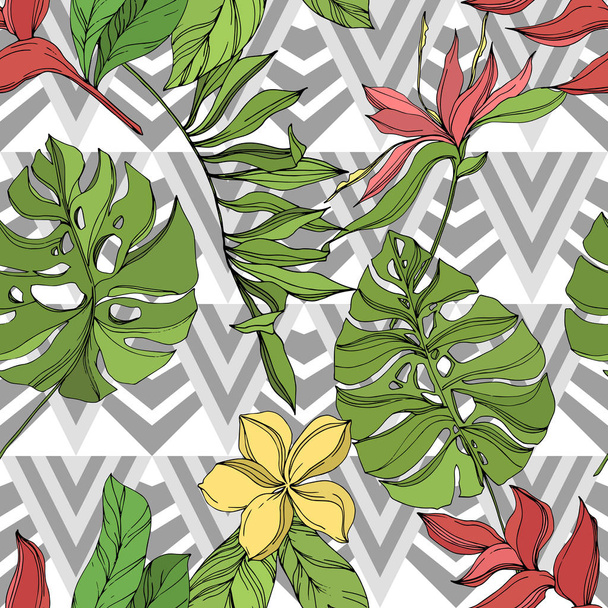 Palm beach tree leaves jungle botanical succulent. Black and green engraved ink art. Seamless background pattern. - Vector, Image
