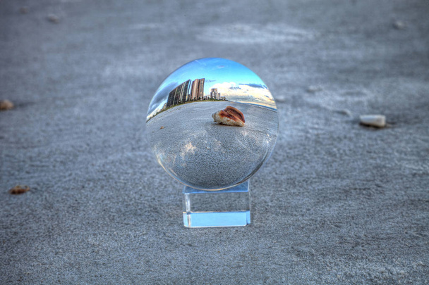 Coquillage à travers une boule de cristal sur la plage de Naples Nord au lever du soleil
 - Photo, image