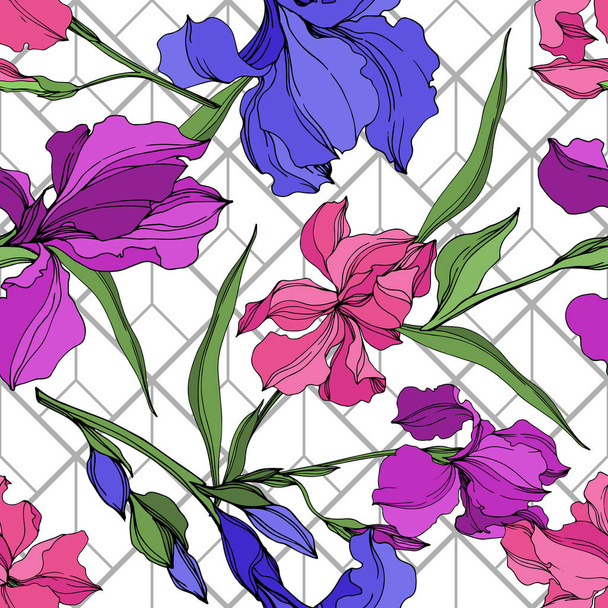Vektor Irises virágos botanikai virágok. Fekete-fehér vésett tinta Art. Folytonos háttérmintázat. - Vektor, kép
