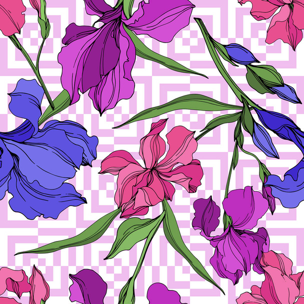 Vector Irises floral botanical flowers. Black and white engraved ink art. Seamless background pattern. - Vector, Image