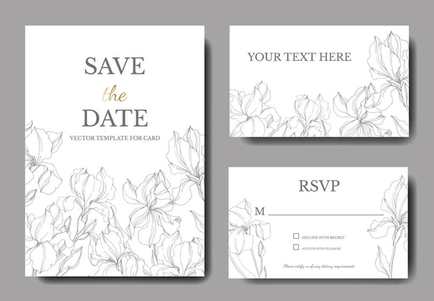 Vector Iris fleurs botaniques. Encre gravée en noir et blanc. Carte de fond de mariage bordure décorative florale
. - Vecteur, image