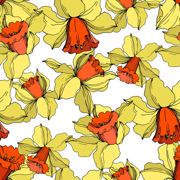 Vector Narcissus floral botanical flower. Yellow and orange engraved ink art. Seamless background pattern. - Vektör, Görsel