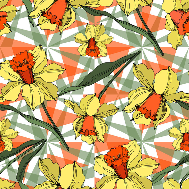 Vector Narcissus floral botanical flower. Yellow and green engraved ink art. Seamless background pattern. - Vektor, obrázek