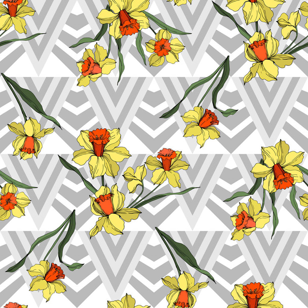 Vektori Narcissus kukka kasvitieteellinen kukka. Keltainen ja vihreä kaiverrettu muste taidetta. Saumaton taustakuvio
. - Vektori, kuva