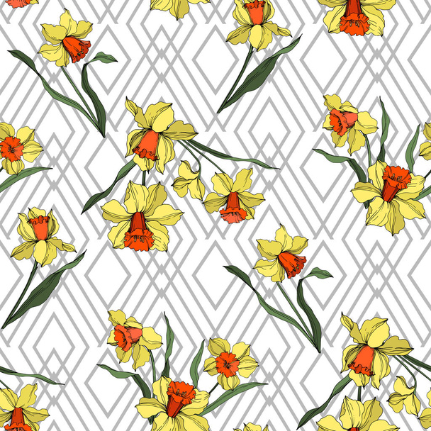 Vektör Narcissus çiçek botanik çiçek. Sarı ve yeşil oyulmuş mürekkep sanatı. Kesintisiz arka plan deseni. - Vektör, Görsel