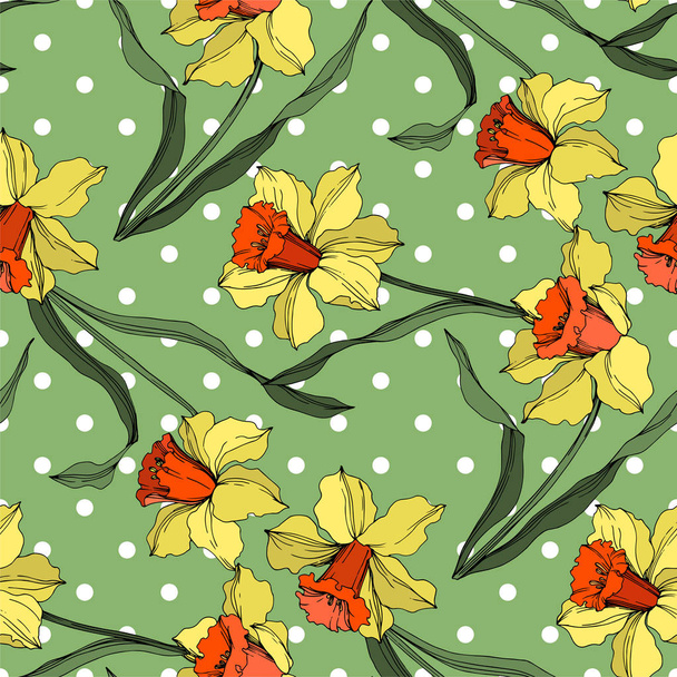Vector Narcissus Floral botanische bloem. Gele en groene gegraveerde inkt kunst. Naadloos achtergrond patroon. - Vector, afbeelding