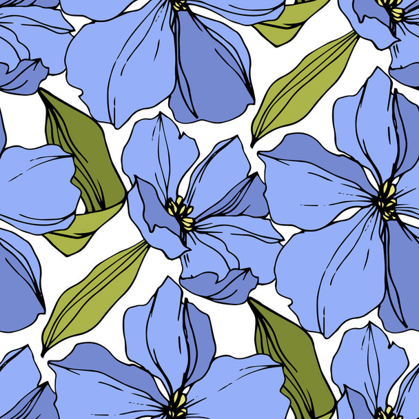 Vector Flax flores botânicas florais. Arte de tinta azul e verde gravada. Padrão de fundo sem costura
. - Vetor, Imagem