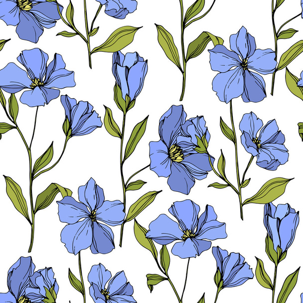 Vector Flax floral botanical flowers. Blue and green engraved ink art. Seamless background pattern. - Vector, Imagen