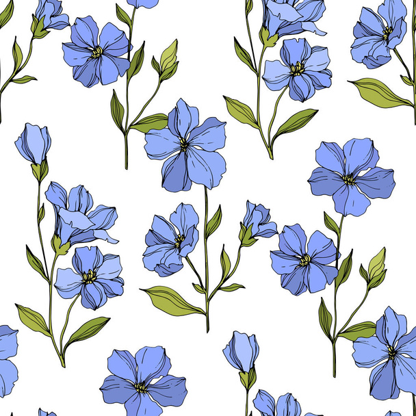 ベクトル亜麻花植物の花。青と緑のインクアート。シームレスな背景パターン. - ベクター画像