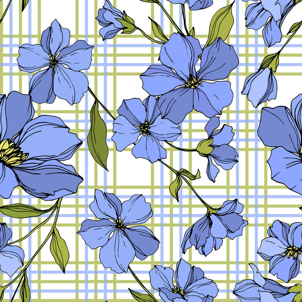 Vektor len virágos botanikai virágok. Kék és zöld gravírozott tinta művészet. Folytonos háttérmintázat. - Vektor, kép